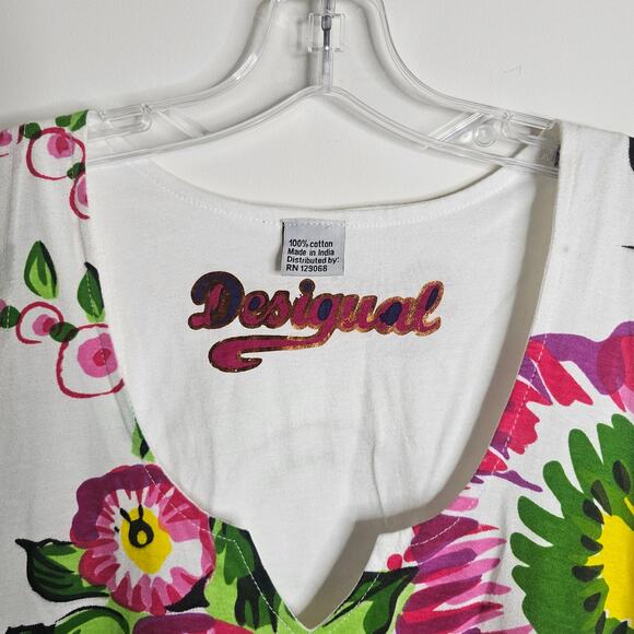 Desigual White Floral Sleeveless Asymmetrical Top Size XL - Picture 5 of 9